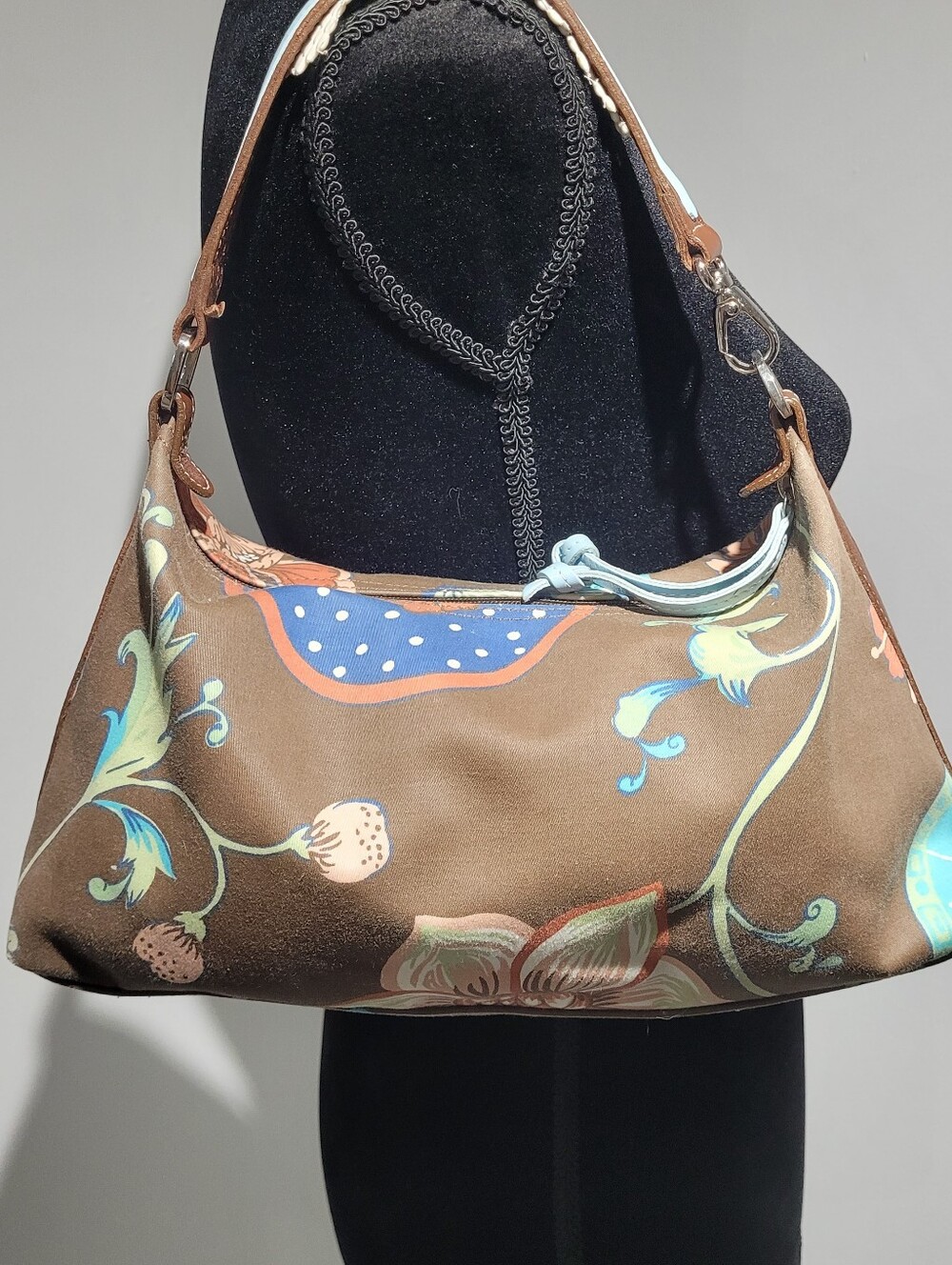 Longchamp Brown Floral Shoulder Bag with Blue Accents - Picture 6 of 11